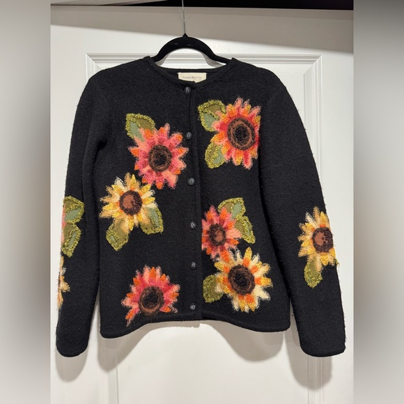 Susan Bristol Sweaters - Vintage Susan Bristol Black Cardigan with Floral Embroidery